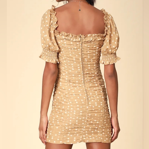 Finders Keepers Rosie Tan Polka Dot Ruched Fitted Feminine Mini Dress Size Small - Picture 4 of 16